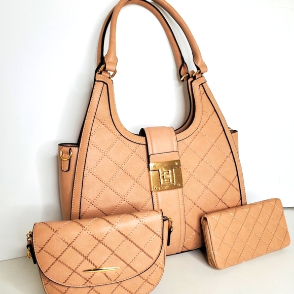 American Bee Handbags - American Bee 3 piece Women Stylish Tan Leather Handbag Set